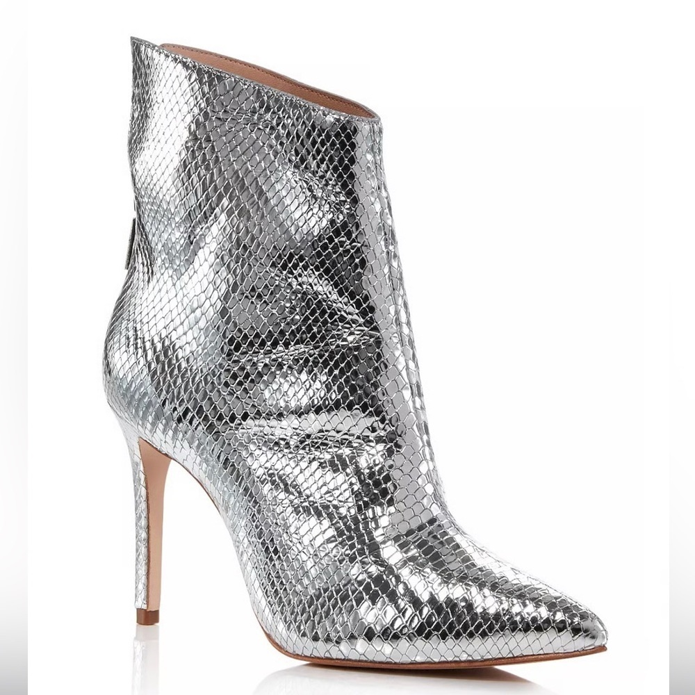 AQUA Silver Snake Print Metallic Pointed Toe Ankle Boots Heels Size 8.5